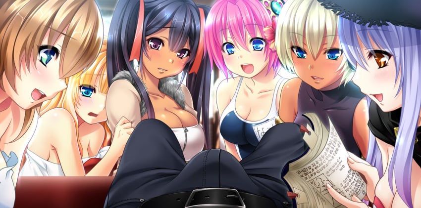 1boy 6+girls 6girls akagi_rio bare_shoulders belt black_hair blonde_hair blue_eyes blush book breasts brown_hair cleavage dark_skin embarrassed erection game_cg green_eyes harem hat highres huge_breasts large_breasts long_hair lying mbs_truth multiple_boys multiple_girls nangoku_sakunyuu:_milk_island_musume pink_hair purple_eyes purple_hair short_hair smile swimsuit tied_hair twintails