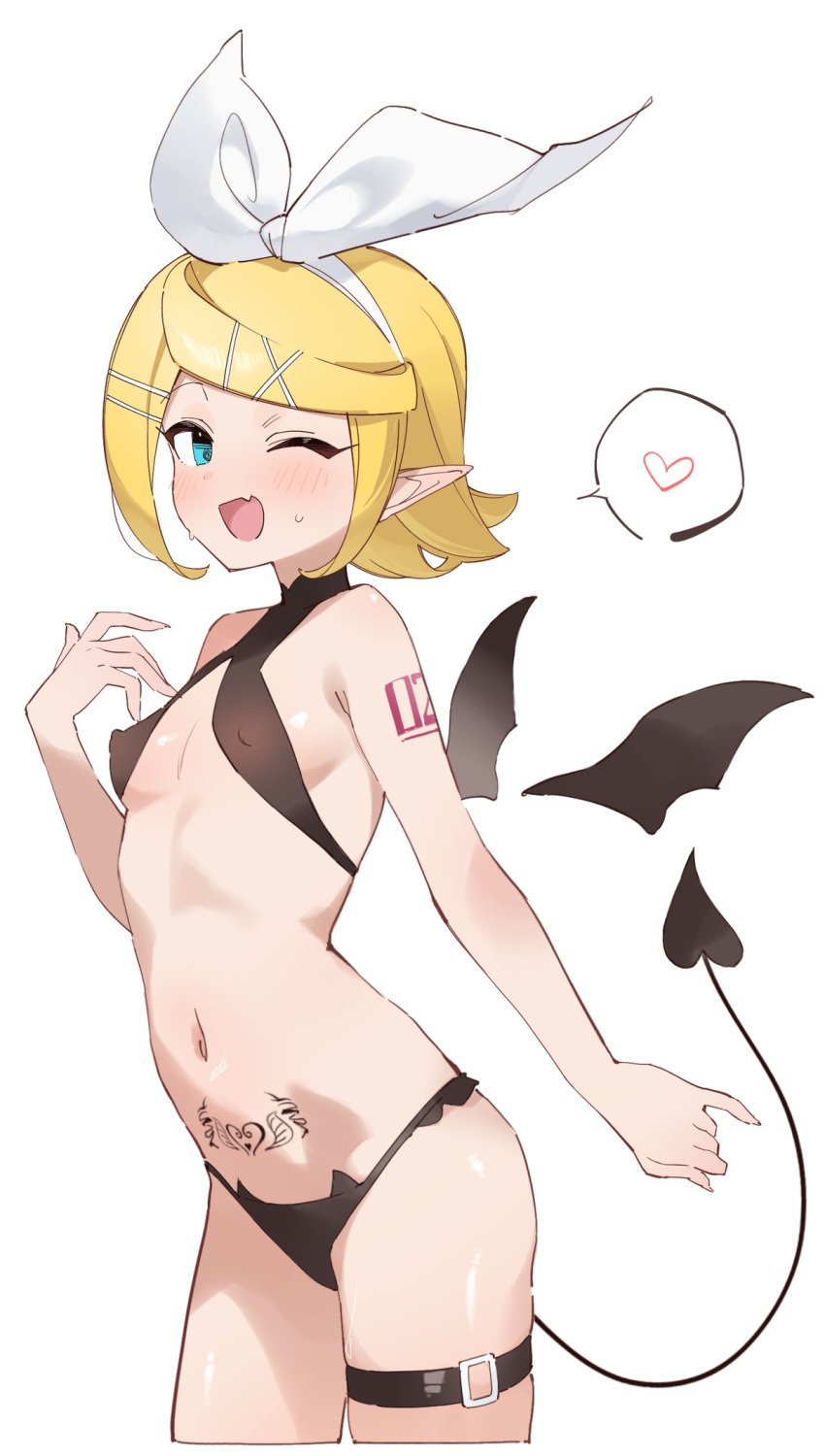 belly_button blonde_hair blue_eyes blush breasts demon demon_girl hair_ribbon hard_nipples heart_tattoo kagamine_rin navel nipple_bulge nipples panties pointy_ears rakugaki_nye ribbon sharp_teeth small_breasts solo standing sweatdrop thigh_strap vocaloid wings womb_tattoo