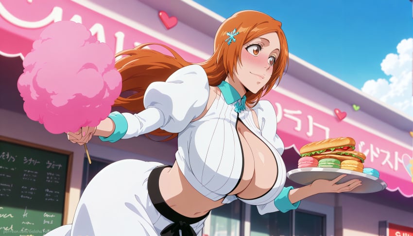 1girls ai_generated big_breasts bleach boob_window breasts clothed_female inoue_orihime meowlucy navel orange_hair