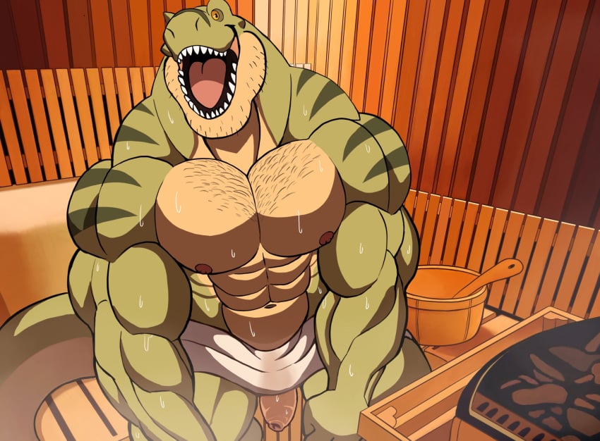 anthro balls bara barazoku darknaigart dinosaur flaccid jace_(darknaig) male male_only muscles muscular musk penis sauna scalie solo solo_male sweat sweating towel towel_around_waist tyrannosaurus_rex