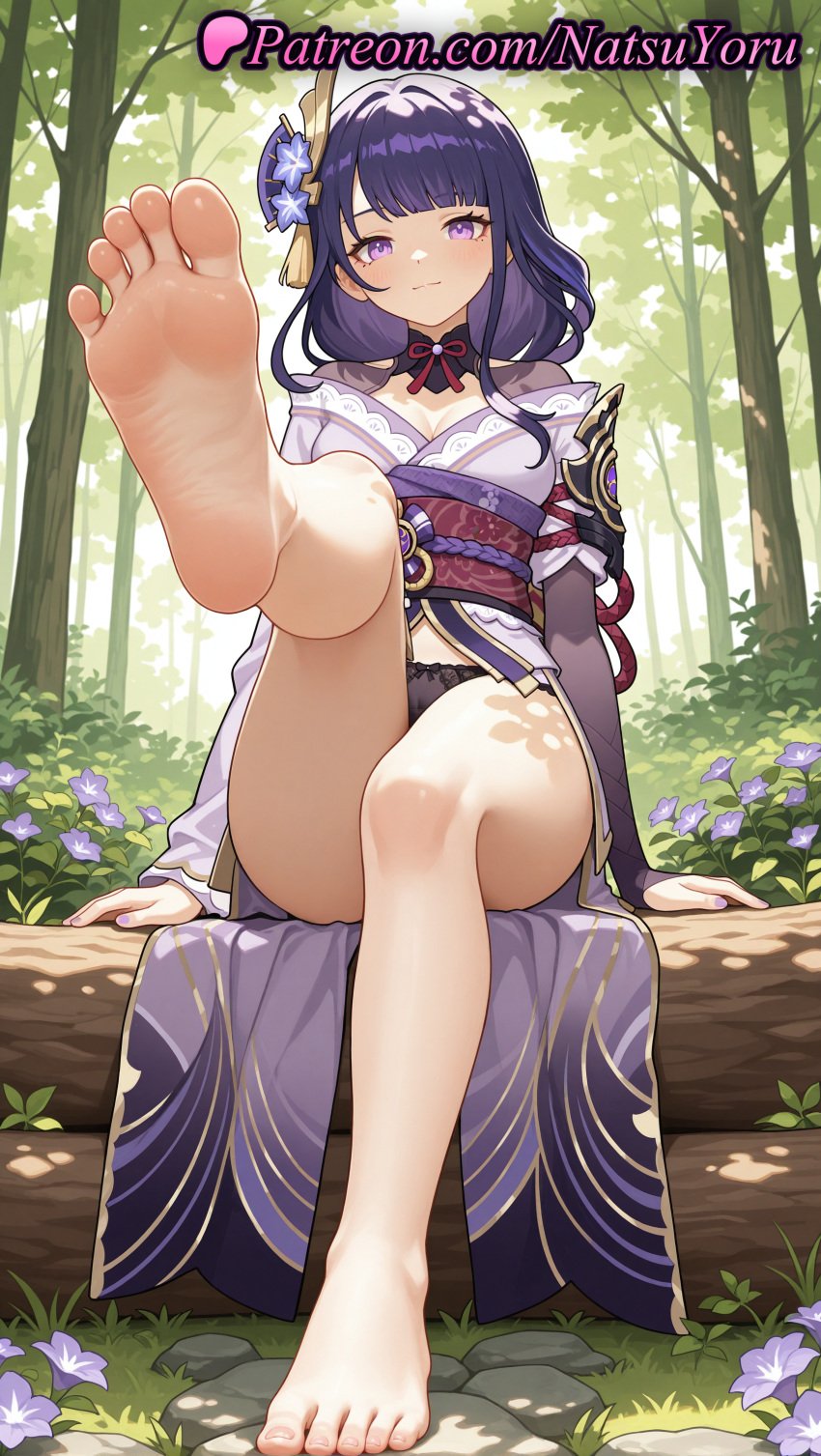 1girls ai_generated anime anime_style armor asian bangs bare_legs barefoot black_panties blunt_bangs blush braided_ponytail breasts bridal_gauntlets bust busty cleavage closed_mouth feet female female_focus female_only fetish flower flowers foot_fetish foot_focus foot_up foreshortening forest full_body genshin_impact greek_toe hair_flower hair_ornament hi_res high_quality high_resolution highres japanese_clothes kimono large_breasts leg_up legs lipstick long_hair long_sleeves looking_at_viewer mole mole_under_eye nail_polish natsuyoru nature obi obiage obijime off_shoulder outdoors panties pantsu patreon pov_feet presenting_foot purple_eyes purple_flower purple_hair purple_kimono purple_nails raiden_shogun sash shoulder_armor shrug_(clothing) sitting smile soles solo solo_female spread_toes thighs toenails toes tree underwear voluptuous voluptuous_female wafuku