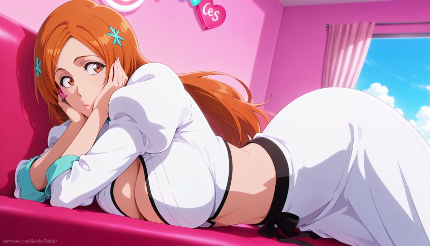 1girls ai_generated big_breasts bleach boob_window breasts cleavage clothed_female inoue_orihime lying_on_stomach meowlucy navel orange_hair