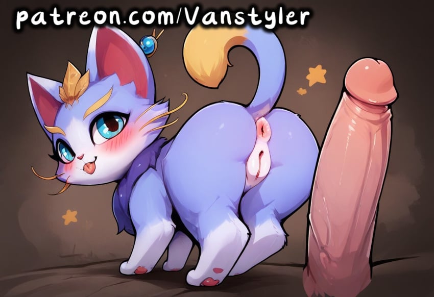 ai_generated ass big_penis blue_eyes blue_fur blush cat_ears cat_tail feline feral human human_on_feral league_of_legends looking_at_viewer looking_pleasured patreon paws penis pussy riot_games showing_ass showing_pussy tongue_out vanstyler whiskers yuumi_(lol) zoophilia zoophilia