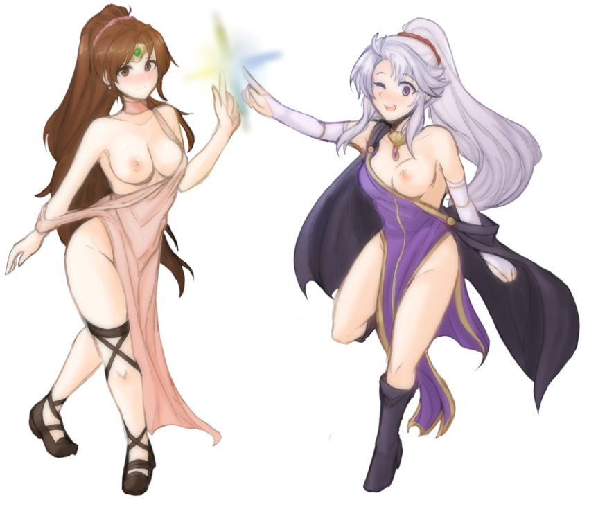 2girls areolae blush boots breasts brown_eyes brown_hair fire_emblem fire_emblem:_genealogy_of_the_holy_war fire_emblem:_mystery_of_the_emblem fire_emblem:_shadow_dragon_and_the_blade_of_light linde_(fire_emblem) long_hair medium_breasts multiple_girls nipples ponytail purple_eyes purple_hair tailtiu_(fire_emblem) tridisart