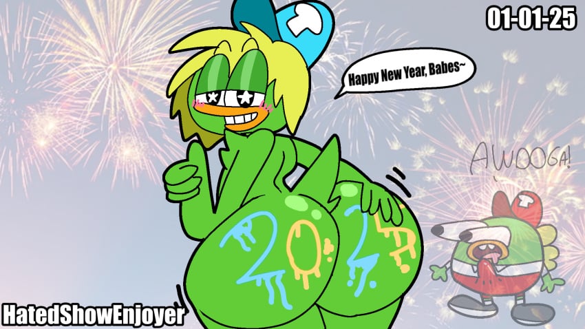 2025 alternate_ass_size anatid anseriform anthro anthrofied ass ass_bigger_than_head ass_expansion ass_focus avian beak big_ass big_butt bird blonde_hair blush body_paint body_writing bright_pupils butt cap celebration completely_nude dat_ass duck fewer_digits furry furry_only green_body green_fur green_skin grin half-closed_eyes happy_new_year hat hat_only huge_ass huge_butt large_ass large_butt looking_back male male_only mammal naked nude painted_butt pawb presenting presenting_hindquarters rear_view short_hair smile solo_focus star-shaped_pupils symbol-shaped_pupils tail teeth thick_ass thick_thighs thumbs_up voluptuous wide_hips writing_on_ass