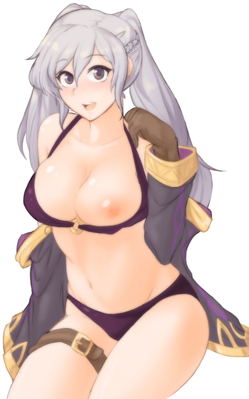 1girls areolae bare_midriff bare_shoulders bare_thighs belly bikini bikini_bottom bikini_top breast_out breast_outside breasts brown_gloves curvaceous curvy curvy_female curvy_figure cute eyebrows_visible_through_hair female female_only female_protagonist fire_emblem fire_emblem_awakening fire_emblem_heroes gloves happy hourglass_figure human human_only jacket_open large_breasts light-skinned_female light_skin looking_at_viewer midriff navel nintendo nipples one_breast_out open_jacket open_robe open_shirt purple_bikini purple_bikini_bottom purple_bikini_top purple_eyes purple_swimsuit robe_open robin_(female)_(summer)_(fire_emblem) robin_(fire_emblem) robin_(fire_emblem)_(female) shirt_open sitting sitting_down slightly_chubby smile smiling smiling_at_viewer soft soft_breasts soft_shading solo solo_female solo_focus stomach stomach_bulge swimsuit taking_clothes_off transparent_background tridisart twintails undressing white_hair wholesome