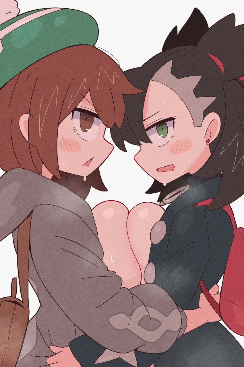 2girls beret blush breasts brown_eyes brown_hair female female_only gloria_(pokemon) green_eyes kurachi_mizuki marnie_(pokemon) open_clothes open_hoodie open_jacket partially_clothed pokemon pokemon_ss short_hair sweat symmetrical_docking twintails