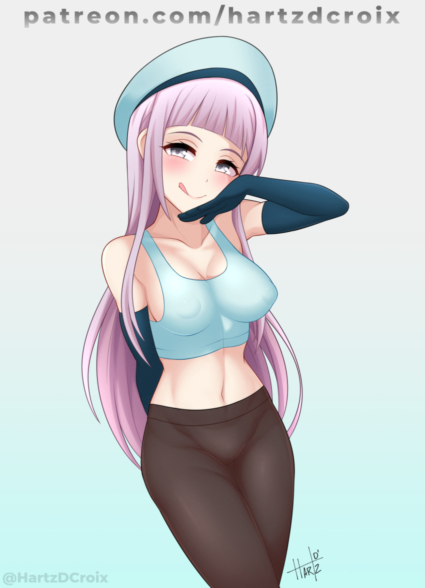 1girls blush breasts clothed d4dj gloves hartz_d&#039;croix hat izumo_saki long_hair midriff nipples patreon text tongue tongue_out translucent_clothing watermark