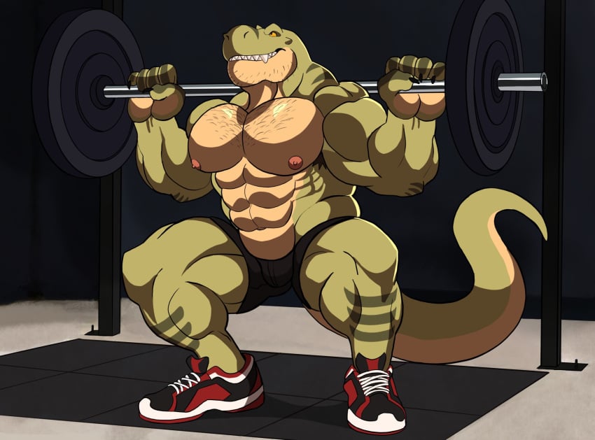 anthro balls bara barazoku bulge darknaigart dinosaur flaccid jace_(darknaig) male male_only muscles muscular penis scalie shorts solo solo_male tyrannosaurus_rex weightlifting