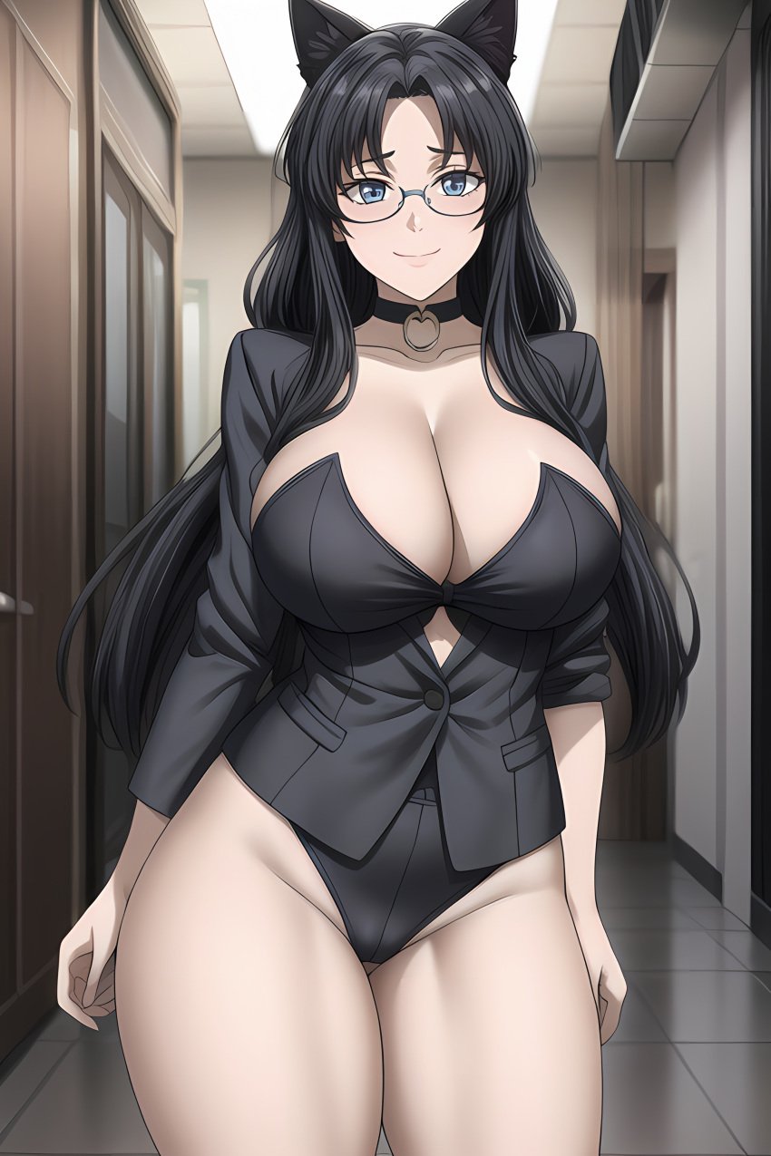 1girls ai_generated big_breasts black_hair breasts cat_ears catgirl female female_focus female_only glasses hair huge_breasts large_breasts leotard office_lady pussy_grip thick_thighs thighs