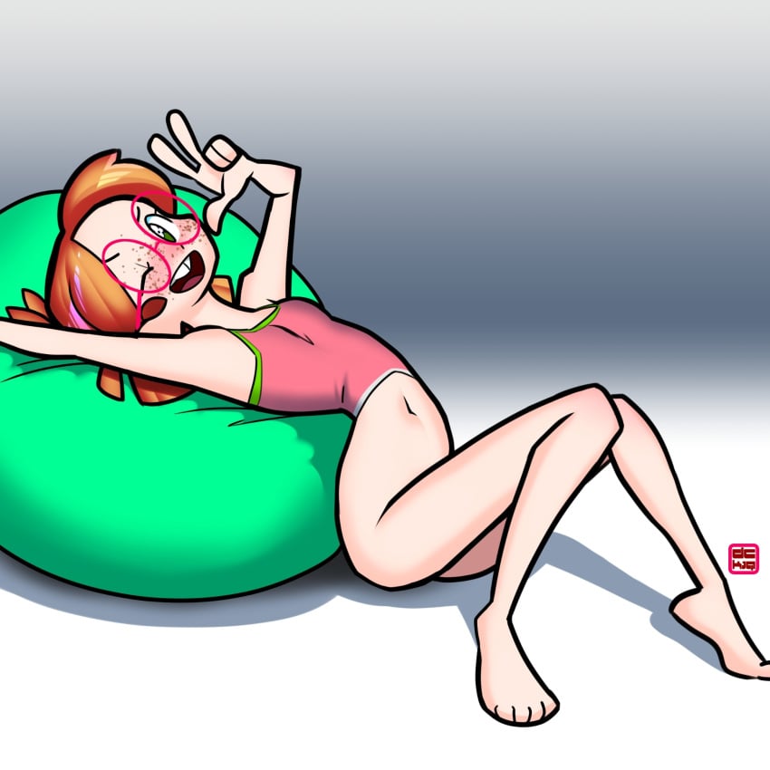 ahoge barefeet barefoot bean_bag bean_bag_chair blanaid_(dckiq) blank_background bottomless bottomless_female buck_teeth buck_tooth cute_pose dckiq flower_eyes flower_iris freckles freckles_on_face freckles_on_shoulders ginger ginger_hair glasses gradient_background green_eyes laying_down lounging no_bottoms no_panties no_pants one_eye_closed one_eye_open pale-skinned_female pale_skin pale_skinned_female peace_sign round_glasses simple_background skinny skinny_female skinny_girl small_boobs small_breasts small_female tank_top tank_top_only unique_iris very_small_breasts wink winking