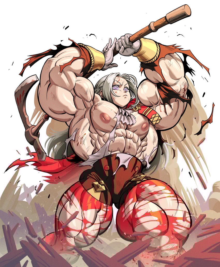 1girls androgynous axe edelgard_von_hresvelg female female_focus female_only fire_emblem fire_emblem:_three_houses grey_hair human human_female human_only hyper hyper_muscles inverted_nipples light-skinned_female light_skin long_hair muscular muscular_arms muscular_female muscular_legs nintendo pecs purple_eyes solo solo_female tilingart topless torn_clothes