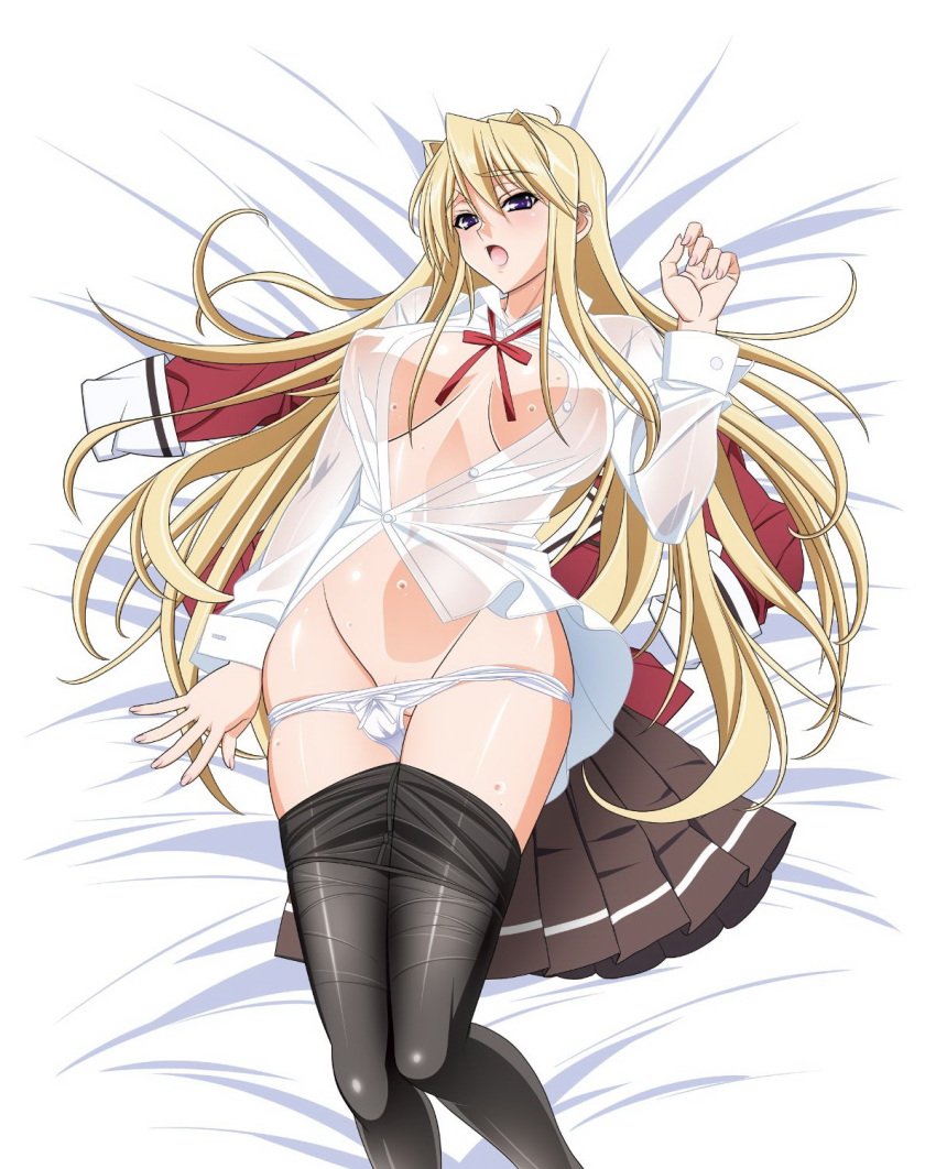 blonde_hair blue_eyes blush breasts clothing highres kuroda_kazuya large_breasts long_hair lying necktie nipples official_art open_clothes open_shirt panties pantyhose princess_lover school_uniform silvia_van_hossen skirt underwear