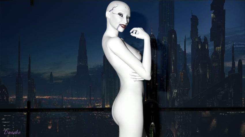 1girls 3d alien alien_girl alien_only arm_under_breasts arm_up asajj_ventress background balcony bald bald_female breasts cityscape clone_wars completely_nude completely_nude_female coruscant dathomiri durabo female female_only happy humanoid humanoid_only night nipples nude nude_female pale_skin pale_skinned_female pose railing side_view slim_waist smile solo standing star_wars teeth watermark white_body white_nipples