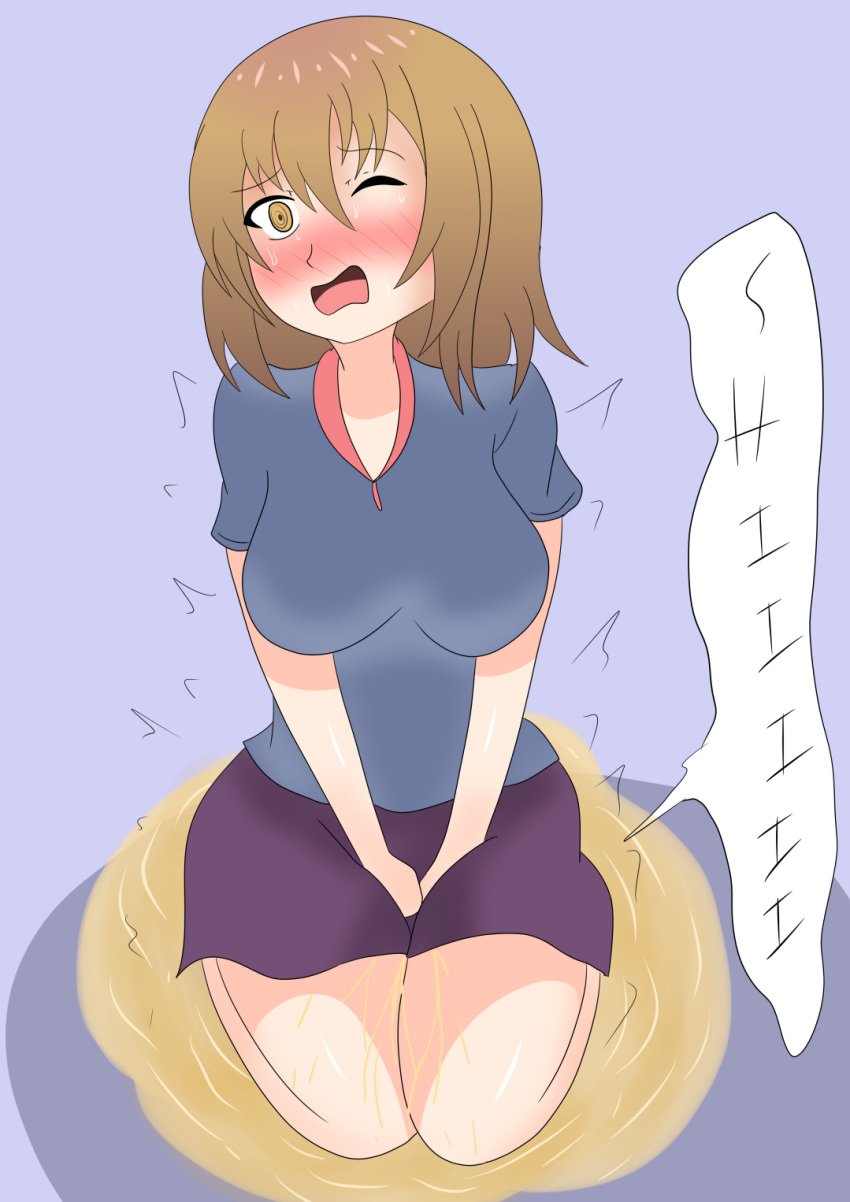 1girls @_@ blush breasts brown_hair hand_between_legs izu95 large_breasts omorashi one_eye_closed onomatopoeia open_mouth original original_character pee_puddle peeing peeing_self puddle purple_skirt shirt short_hair skirt sweat wetting wetting_self