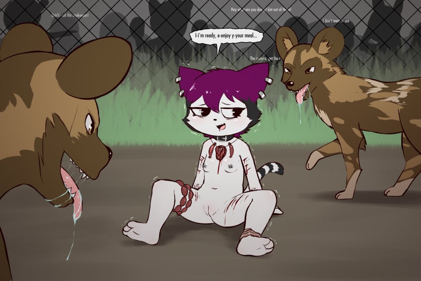 3_toes absurd_res african_wild_dog ambiguous_gender anthro anus ass blood bodily_fluids breasts canid canine choker collar crowd cute_fangs domestic_cat drooling e254e ear_piercing ear_ring explicitly_stated_consent facial_piercing fangs feet felid feline felis female fence feral food furry_pussy genitals grass group hi_res imminent_death imminent_pain imminent_vore jewelry lip_piercing mammal meat navel necklace nipple_piercing nipples nude piercing plant pussy raw_meat ring_piercing saliva sausage scar scared self-harm self-harm_scars shaking sharp_teeth silhouette small_breasts soles suicide_attempt teeth toes trembling unsure veronica_(e254e) vivarium wounded zoo_(facility)