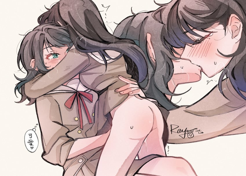 2girls bang_dream! bang_dream!_it&#039;s_mygo!!!!! black_hair blue_eyes blush breath brown_dress brown_hair chinese_commentary closed_eyes clothes_lift commentary_request dress dress_lift female fingering french_kiss hanasakigawa_school_uniform highres kissing long_hair long_sleeves multiple_girls pussy_juice sailor_collar sailor_dress school_uniform shiina_taki speech_bubble straddling sweat thought_bubble translation_request white_sailor_collar yahata_umiri yoyoray20001996 yuri