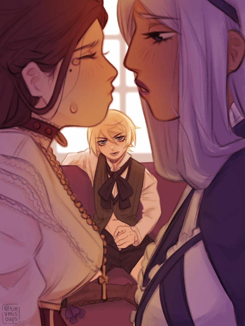 1boy 2girls alois_trancy blush brown_hair commentary crying dark-skinned_female dark_skin english_commentary eyelashes female hannah_annafellow highres imminent_kiss kuroshitsuji lips male male_focus masturbation mole mole_under_eye multiple_girls tears tiramisoups voyeurism