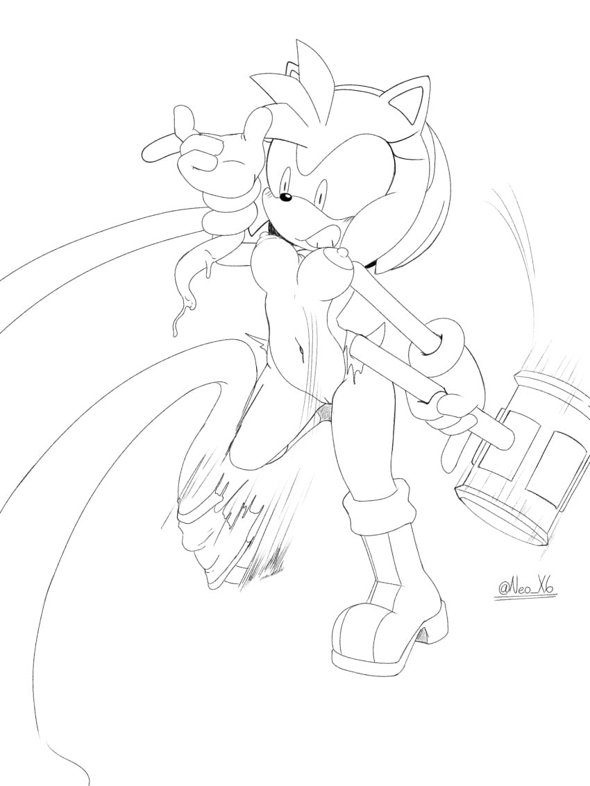 amy_rose black_and_white blush breasts female hammer neo_x6 sonic_(series) tentacle torn_clothes