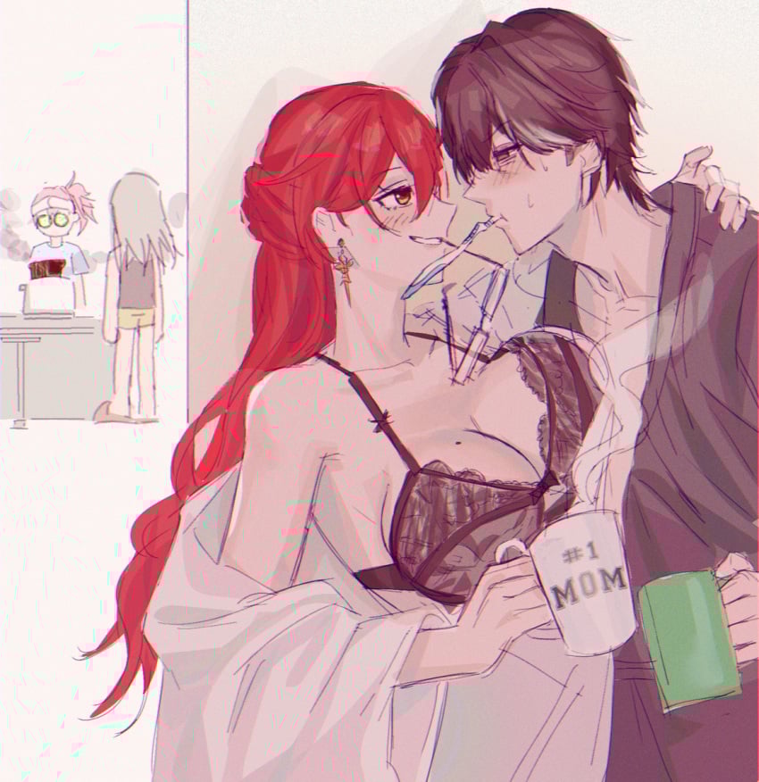 1boy 1male 3females 3girls black_bra black_lingerie black_lingerie_bra blush blush blushing_at_another blushing_female blushing_male bra brown_hair coffee_mug glasses glasses_in_mouth gnarlypzofbread gold_eyes half-dressed himeko_(honkai:_star_rail) honkai:_star_rail honkai_(series) hoyoverse lingerie_bra march_7th_(honkai:_star_rail) mihoyo mole mole_on_breast mug pink_hair pot red_hair silver_hair smile stelle_(honkai:_star_rail) tired tired_eyes toothbrush toothbrush_in_mouth welt_yang_(honkai:_star_rail)