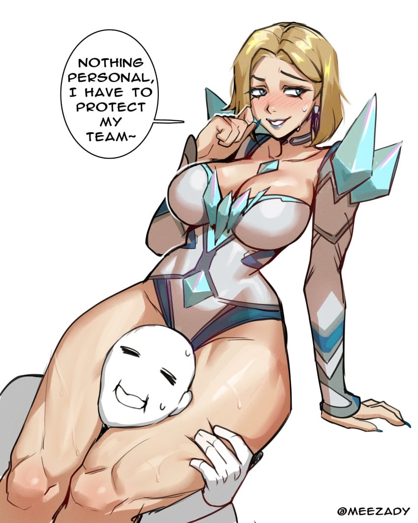 1boy 1girls 2d big_breasts blonde_female blonde_hair blue_lipstick blue_nails bob_cut busty chokehold emma_frost emma_frost_(marvel_rivals) female head_between_thighs headscissor large_breasts legs leotard light-skinned_female light_skin lipstick makeup male marvel marvel_comics marvel_rivals meezady milf mostly_clothed muscular muscular_legs muscular_thighs mutant_(marvel) roxxxan tagme thick thick_legs thick_thighs thigh_choking thighs x-men