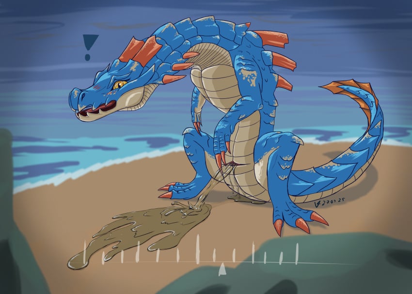 2025 animal_genitalia blue_body blue_scales blush bodily_fluids capcom claws cloaca digital_media_(artwork) embarrassed female female_feral feral fin genital_fluids genitals hi_res lagiacrus leviathan_(mh) monster_hunter multicolored_body multicolored_scales orange_body outside peeing peeing_outside quadruped scales solo tail tail_fin tan_body tan_scales toe_claws urine urine_stream valrionwrites voyeur_pov watersports yellow_eyes