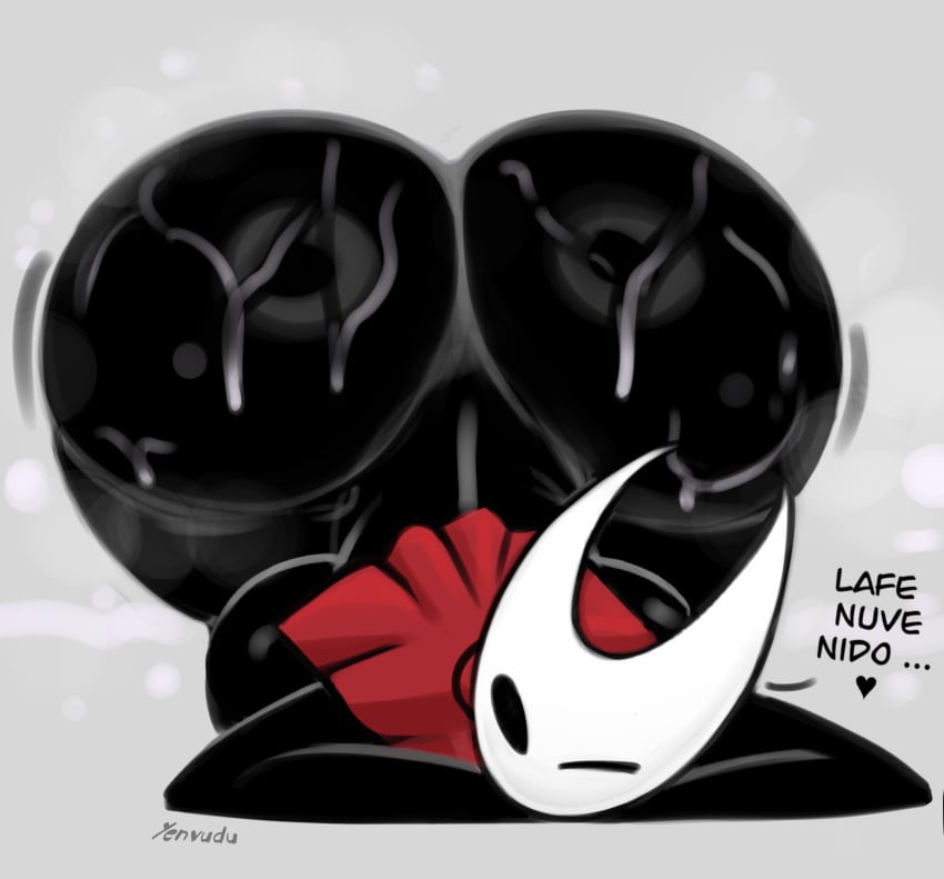 2025 2_horns absurd_res arthropod ass ass_up black_body black_butt black_eyes black_text breasts dialogue ellipsis english_text female front_view heart_symbol hi_res hollow_knight hollow_knight:_silksong horn hornet_(hollow_knight) huge_ass large_ass looking_at_viewer lying on_front on_ground one_eye_closed solo team_cherry text white_head yenvudu