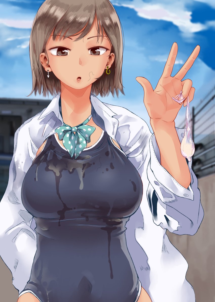 1girls bow breasts brown_eyes brown_hair condom covered_navel cum cum_on_clothes earrings female holding_condom holding_used_condom large_breasts looking_at_viewer open_clothes open_mouth original pubic_hair_on_face roku-jou short_hair solo swimsuit tanned tanned_female tanned_skin used_condom wet