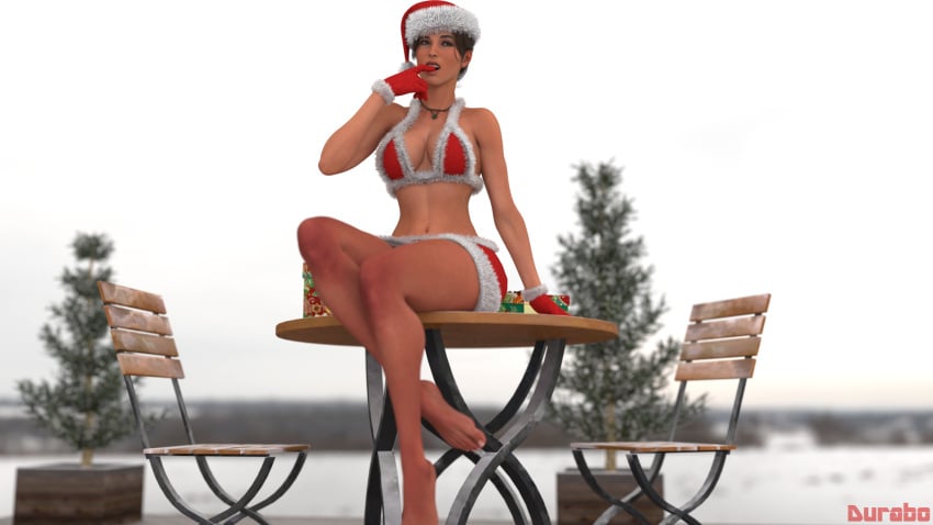 1girls 3d barefoot christmas_outfit durabo female gloves lara_croft pinup solo tomb_raider