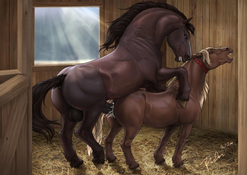 after_transformation animal_genitalia animal_penis animal_pussy balls big_balls big_penis blonde_hair bodily_fluids brown_body brown_fur closed_eyes collar cum cum_in_pussy cum_inside duo equid equine equine_genitalia equine_penis equine_pussy female feral feral_on_feral feral_penetrated feral_penetrating feral_penetrating_feral from_behind_position fur genital_fluids genitals hair hi_res hooves horse inside intraspecies larger_male male male/female mammal mounting penetration penis pussy rufciu sex size_difference smaller_female stable
