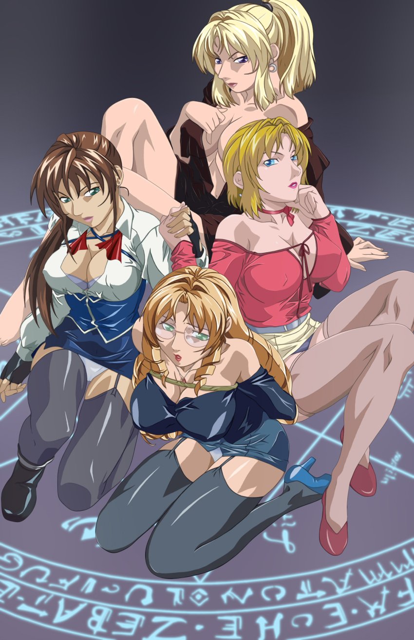 4girls bible_black blonde_hair blue_eyes brown_hair dress earrings female female_only green_eyes holding_hand imari_kurumi kitami_reika large_breasts milf multiple_girls pale-skinned_female saeki_kaori shiraki_rika shoes skirt string witch