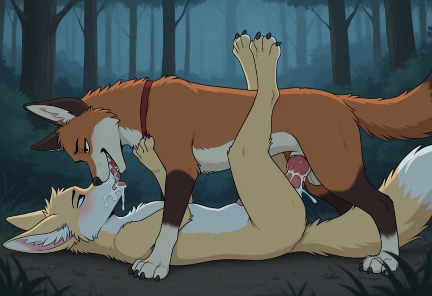 ai_generated anal_sex canine cum_in_ass fennec_fox feral_on_feral gay_sex male red_fox side_view woods