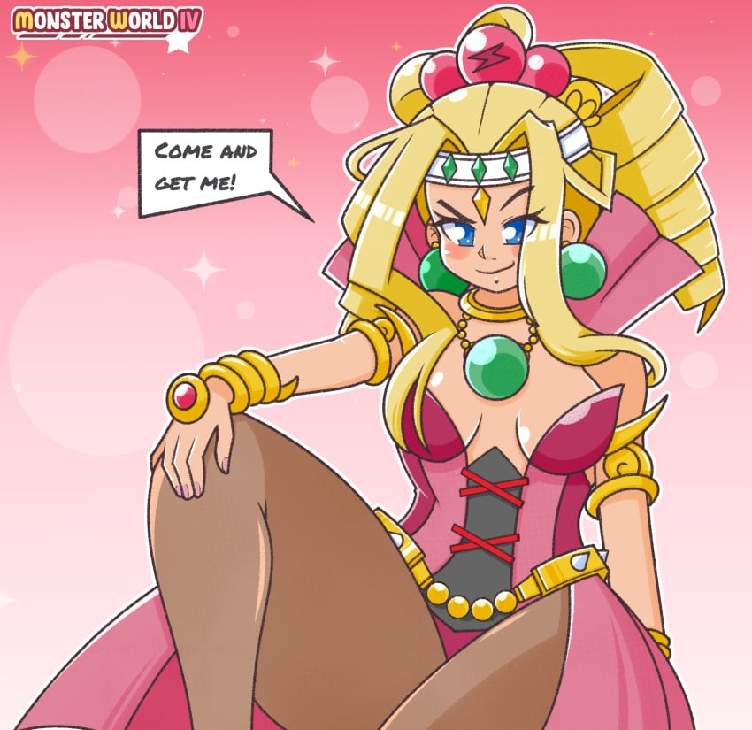 asha_in_monster_world blonde_hair blue_eyes breasts cleavage comic_page corset dialogue female gaming gem gems gemstones gold_bracelet gold_jewelry jewelry legs monster_world_4 monster_world_iv nintendo_switch platformer purapril_xiii queen royal royalty rpg sega sega_genesis thicc thighs video_game_character video_game_franchise video_games wonder_boy wonder_boy_(series)
