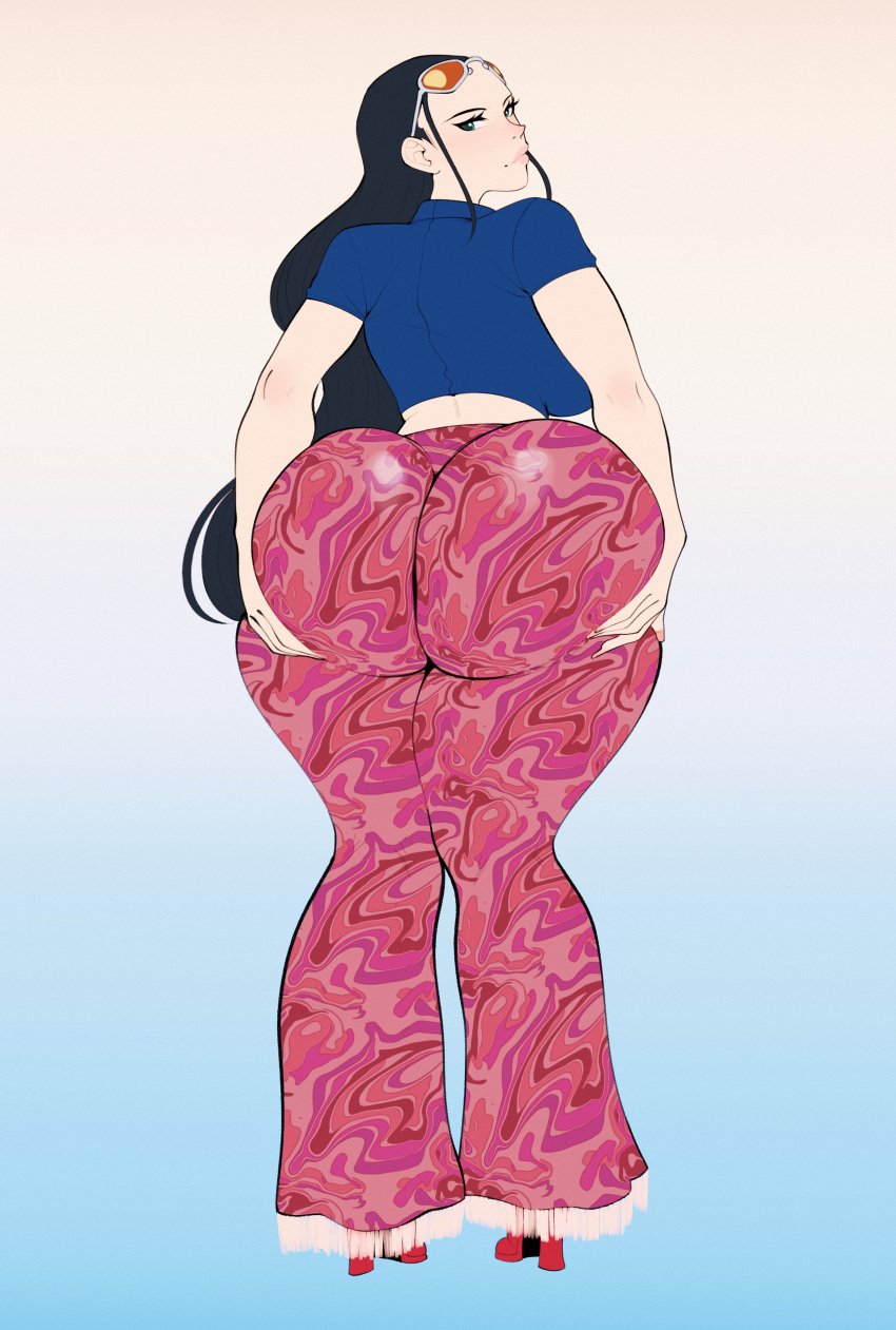 1girls ass ass_support back back_view backboob big_ass black_hair blue_shirt bottomwear breasts bubble_ass bubble_butt clothing dat_ass female female_only flare_pants flat_colors footwear forbidden_pants full_body green_eyes hair hands_on_ass headwear heels huge_ass legs lips long_hair looking_back moshimashi nico_robin one_piece pants post-timeskip red_pants shirt solo solo_female sunglasses sunglasses_on_head topwear
