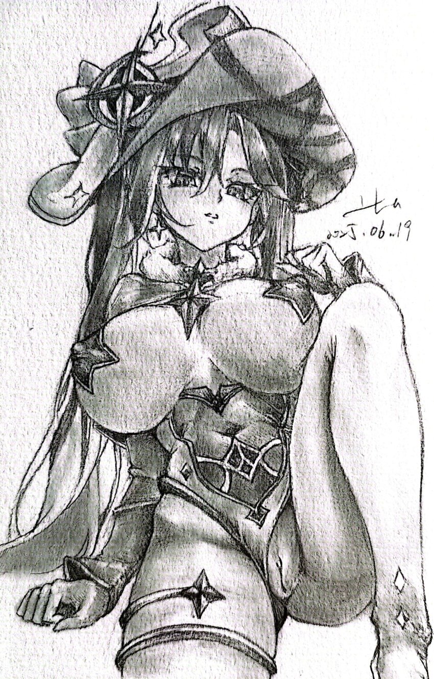 female female genshin_impact hand_drawn mona_(genshin_impact) monochrome pasties pussy traditional_media_(artwork) witch_hat