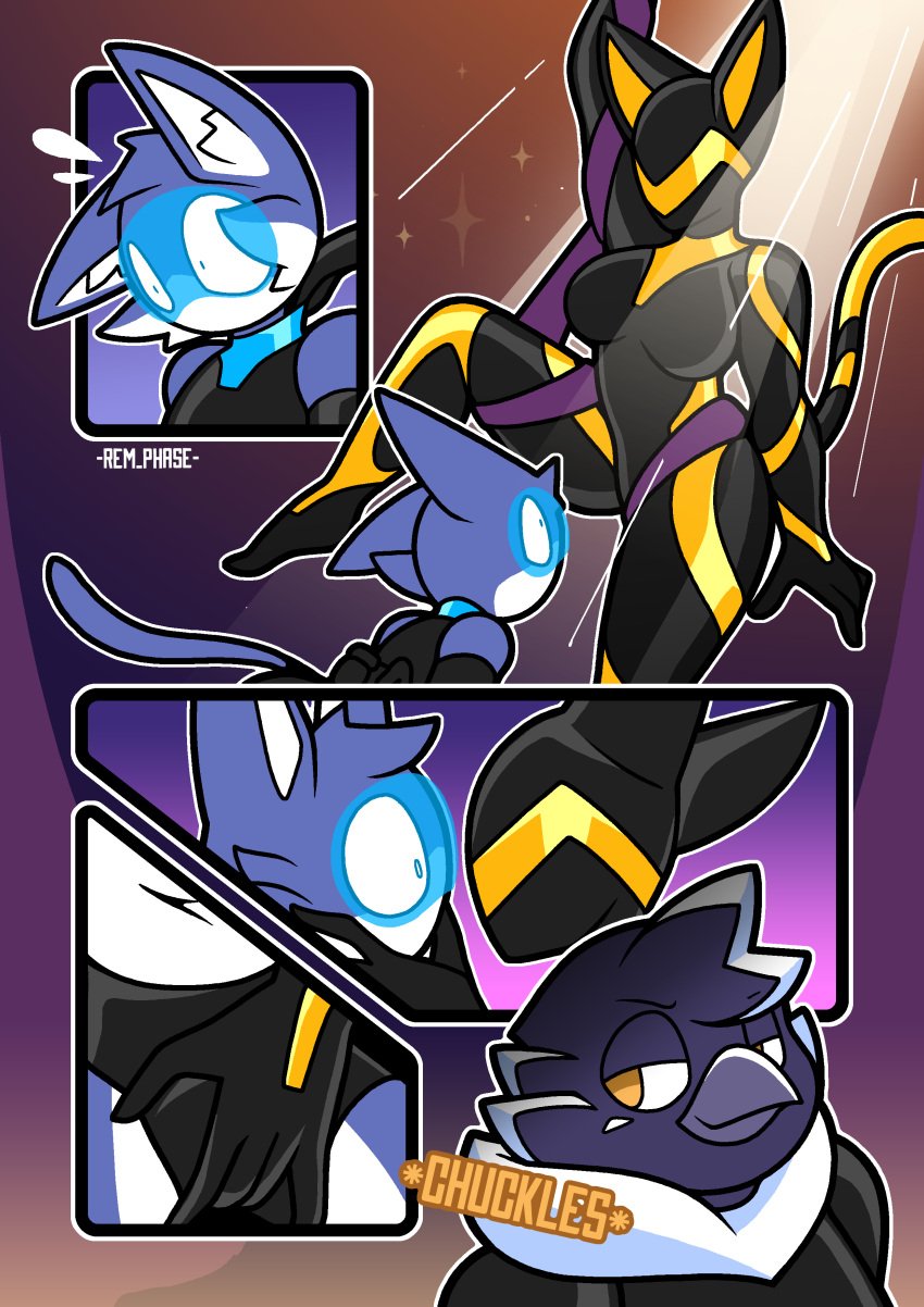2025 absurd_res anthro armwear avian beak bird black_armwear black_body black_clothing black_elbow_gloves black_fur black_gloves black_handwear black_latex blue_body blue_fur bodysuit breasts bulge_grab clothed clothed_anthro clothed_male clothing comic dialogue domestic_cat drone el_(rem_phase) elbow_gloves english_text felid feline felis female fur gloves group handwear hi_res latex latex_armwear latex_bodysuit latex_clothing latex_elbow_gloves latex_gloves latex_handwear latex_skinsuit luz_(gc) male male/female mammal medium_breasts multicolored_body multicolored_clothing multicolored_fur multicolored_skinsuit rem_phase skinsuit speech_bubble tail text tight_clothing trio two_tone_body two_tone_clothing two_tone_fur two_tone_skinsuit visor white_body white_fur yellow_eyes yellow_latex