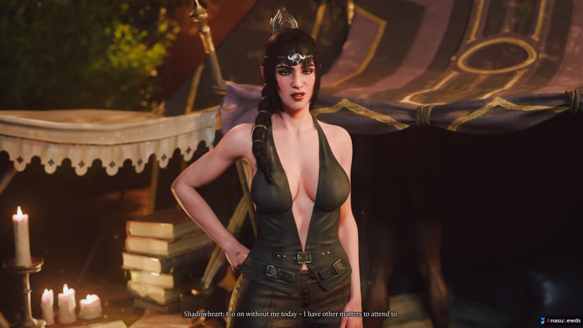 4k anasulewds background_character baldur&#039;s_gate_3 bangs black_hair blender books braid candle clothed dark-skinned_male eyeshadow green_eyes hair_ornament hi_res hidden highres implied_cheating large_breasts looking_at_viewer male mascara naked naked_male outside pale-skinned_female pants ponytail red_lipstick scar shadowheart tent text tiara vest