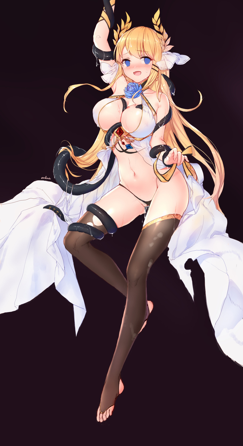 :d absurdres arm_up artist_name azur_lane bangs bare_shoulders between_breasts black_background black_legwear black_panties blue_eyes blue_flower blue_rose blush breast_grab breasts censored cleavage collarbone drooling empty_eyes extreme_content eyebrows_visible_through_hair female flower full_body gem grabbing hair_ornament hair_ribbon highres large_breasts leg_up long_hair looking_at_viewer mosaic_censoring navel nose_blush open_mouth panties panties_aside pussy pussy_juice revealing_clothes ribbon rose shiny shiny_skin simple_background smile solo stirrup_legwear stomach swd3e2 sweat swept_bangs tentacle thigh_grab thighhighs torn_clothes torn_thighhighs underwear vaginal_penetration very_long_hair victorious_(azur_lane) wavy_mouth white_ribbon