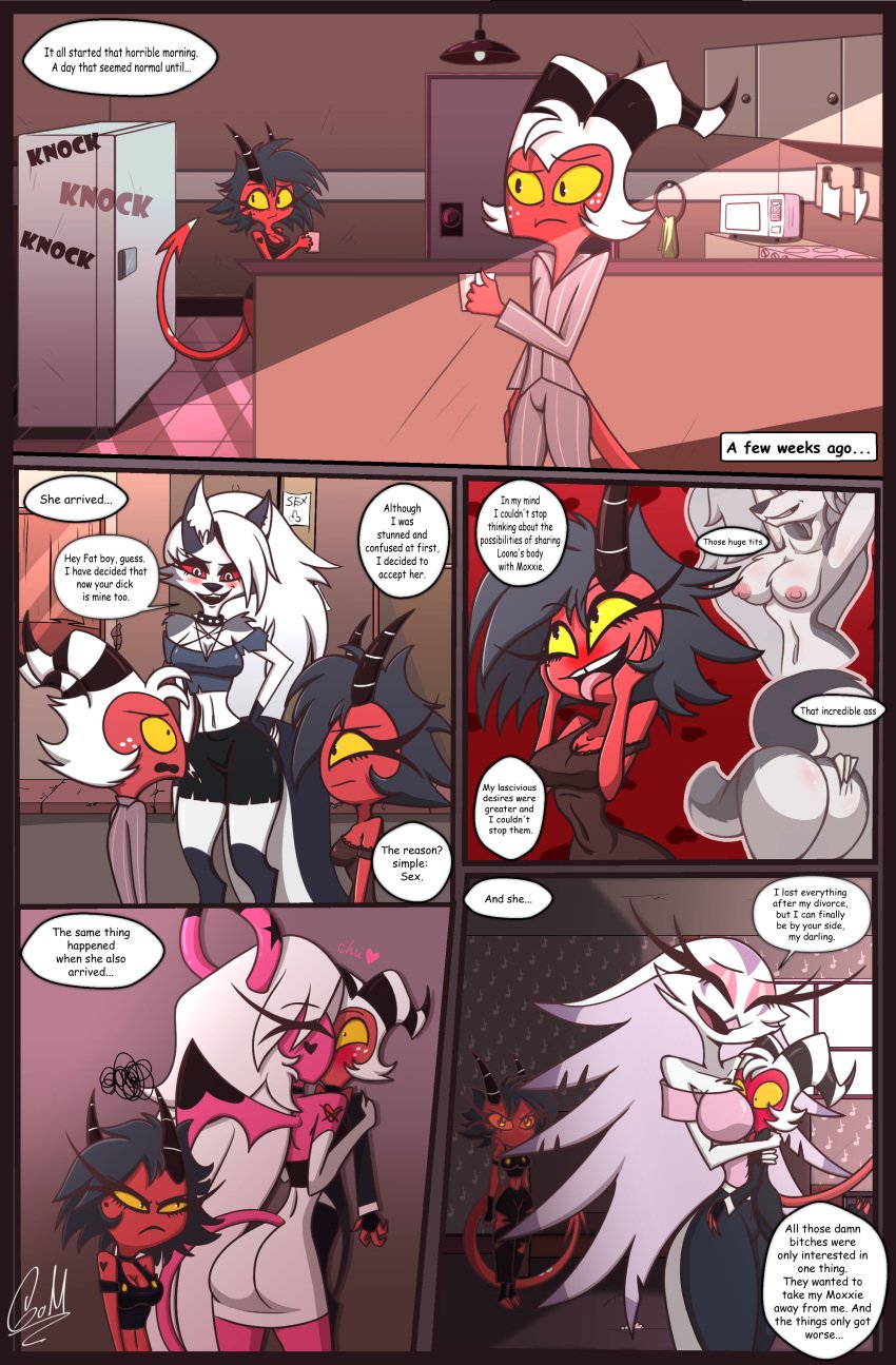 ass cuckquean female furry gatojack3 harem helluva_boss loona_(helluva_boss) male millie_(helluva_boss) moxxie_(helluva_boss) nipples pajamas stella_(helluva_boss) succubus text_bubble tongue_out verosika_mayday_(helluva_boss)