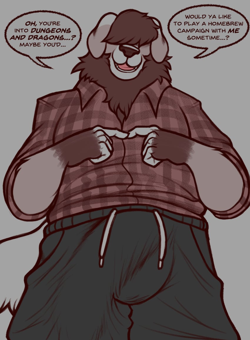 anthro big_bulge big_penis bottomwear bulge canid canine canis clothing covered_eyes daxhush domestic_dog fingers_together genitals hi_res male mammal molosser mountain_dog pants penis saint_bernard solo stephen_(serraphina) sweatpants