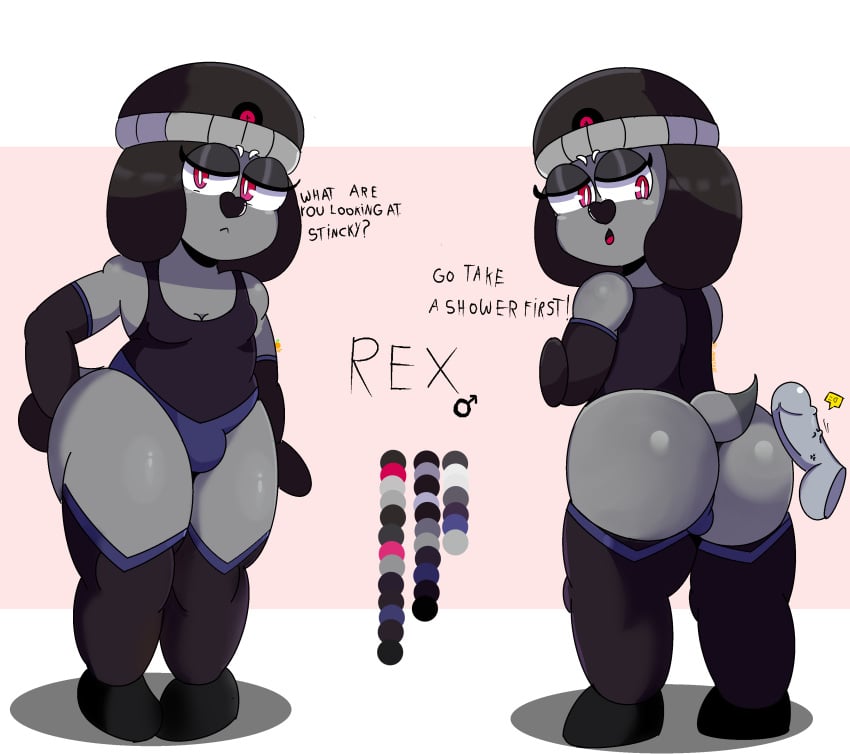 absurd_res alternative_fashion anthro ass beagle black_ears black_eyebrows bubble_butt canid canine canis clothed clothing domestic_dog duo emo eyebrows faceless_character faceless_male fur genitals goth grey_body grey_fur hat headgear headwear hi_res hunting_dog laranxart long_ears long_socks male male/male mammal original_character penis red_eyes rex_(laranxart) scent_hound short_stack simple_background solo thick_thighs