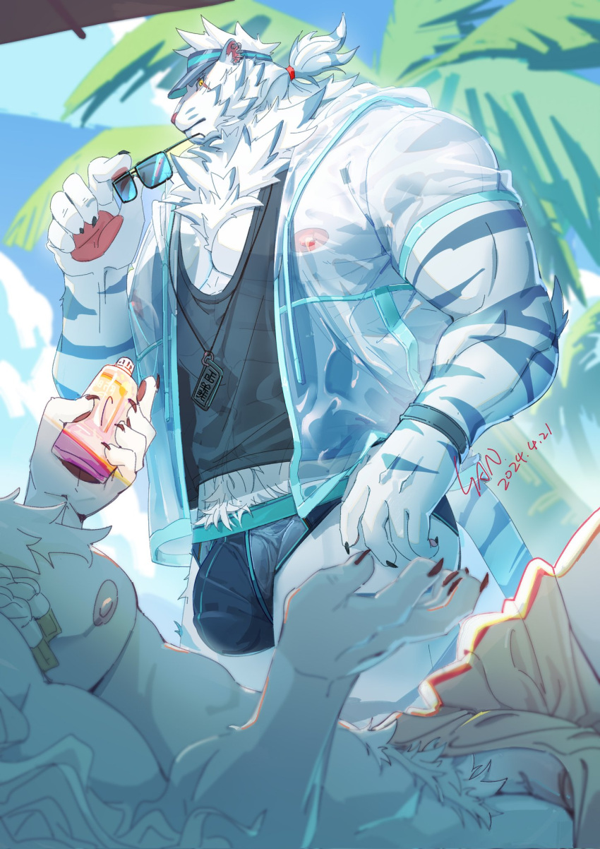 abs animal_ears artist_name bara black_male_swimwear black_shirt black_tank_top blue_sky braid bulge chinese_commentary claws closed_mouth coconut_tree commentary_request dated dislyte earrings furry furry_male highres holding holding_removed_eyewear jacket javid_(shamash)_(dislyte) jewelry jin_qiu_(ru_shou)_(dislyte) lion_boy lion_mane male male_focus male_swimwear muscular muscular_male necklace nipples palm_tree pawpads pectorals penis penis_peek ponytail scar scar_across_eye scar_on_face see-through_clothes see-through_jacket shirt sky sleeveless sleeveless_shirt sunglasses tail tank_top tiger_boy tiger_ears tiger_stripes tiger_tail tree tuji_han unworn_eyewear visor_cap