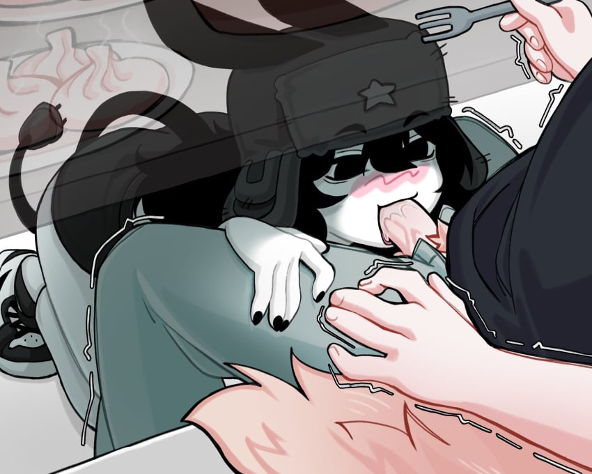 1boy 1boy1girl assertive_female big_ass big_penis black_hair blonde_hair blush bunny_ears bunny_girl dog_boy dog_tail fellatio female femdom food legs long_hair male male/female oral oral_sex penis saliva smile smiling thighs toix22 toix22xiot trembling under_the_table white_skin wholesome