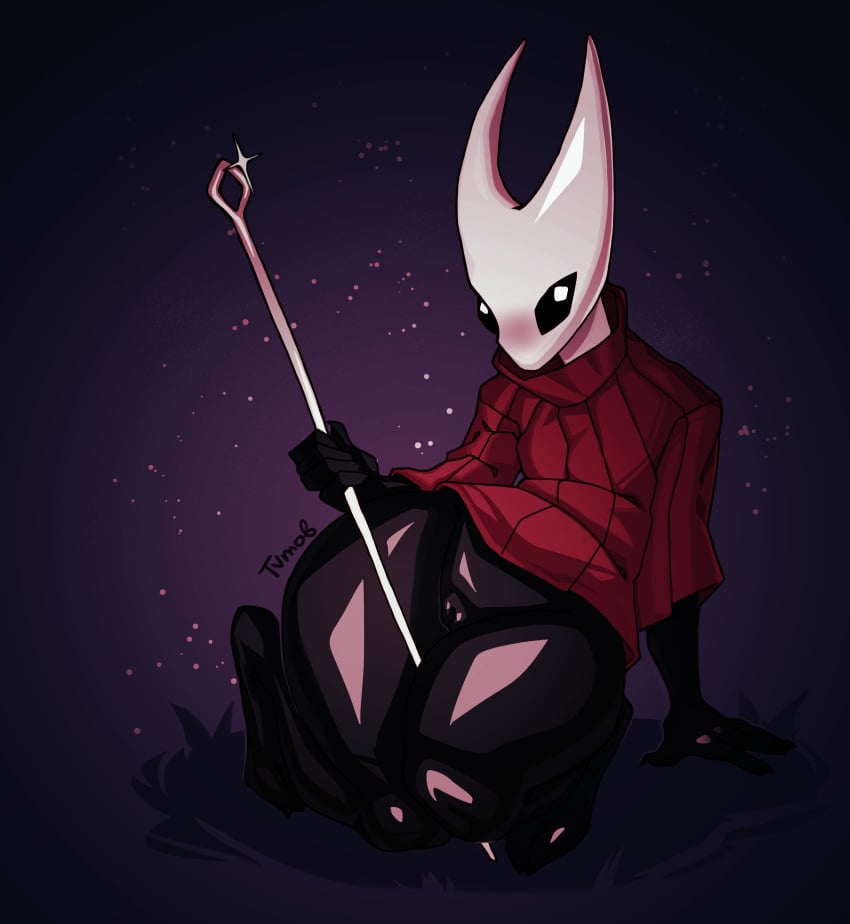 2025 2d absurd_res arthropod black_background black_body blush clothing female genitals glistening_thighs grass hi_res hollow_knight hollow_knight:_silksong hornet_(hollow_knight) kneeling needle_(disambiguation) plant plump_labia pussy simple_background sweater team_cherry thick_thighs topwear