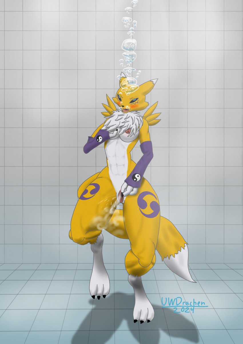1girls abs bandai_namco breasts bubbles cum cumming digimon digimon_(species) digital female nude renamon solo the_poolrooms thighs underwater uwdrachen