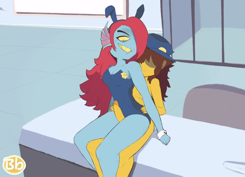 anthro bingbingo_(artist) blue_body bodily_fluids brown_hair bunny_costume chair clothing costume deltarune duo fake_ears fake_rabbit_ears female fin fish furniture genitals hair hair_over_eye hair_over_eyes hi_res human kris_(deltarune) long_hair looking_at_genitalia looking_at_penis looking_down mammal marine nervous nervous_smile nude on_lap on_table penis penis_between_thighs police police_badge police_hat police_officer policewoman ponytail prison_cell red_hair sitting sitting_on_table smile sweat table teeth undertale_(series) undyne undyne_(deltarune) watermark yellow_body yellow_eyes yellow_sclera yellow_teeth