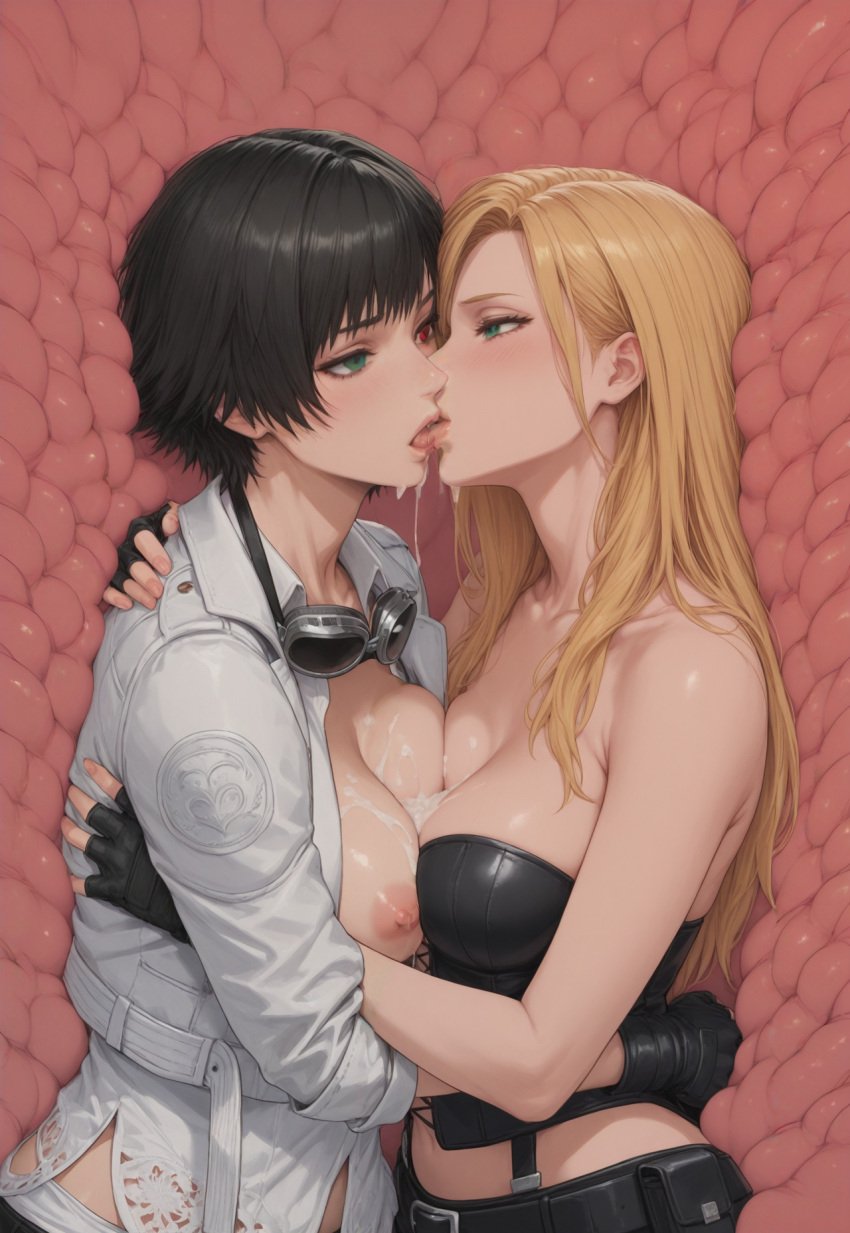2girls ai_generated bare_shoulders belt black_gloves black_hair blonde_hair blue_eyes blush breast_press breasts cleavage cum cum_on_body cum_on_breasts devil_may_cry female female_only fingerless_gloves french_kiss gloves goggles goggles_around_neck green_eyes heterochromia hug jacket kissing lady_(devil_may_cry) large_breasts long_hair looking_at_another multiple_girls nipples open_clothes red_eyes saliva saliva_trail short_hair tongue tongue_out trish_(devil_may_cry) vore yuri