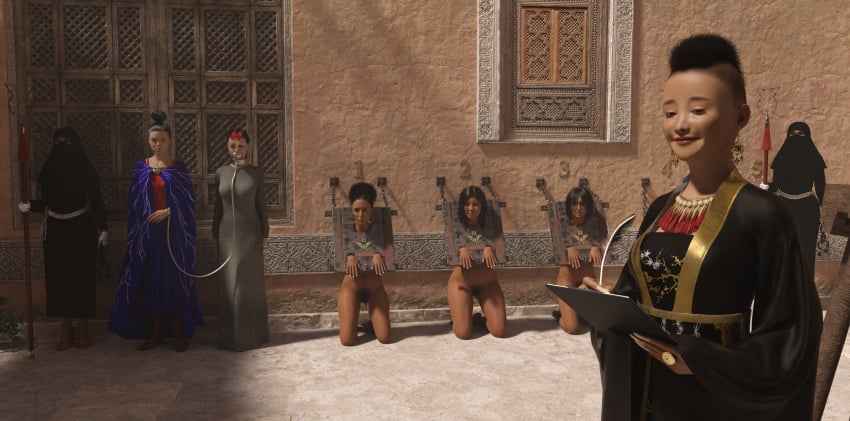 3d 6+girls 8girls bondage brown-skinned_female brown_skin clothed_female_nude_female female female_only kneeling marathdamane multiple_girls nude nude_female original pillory prisoner