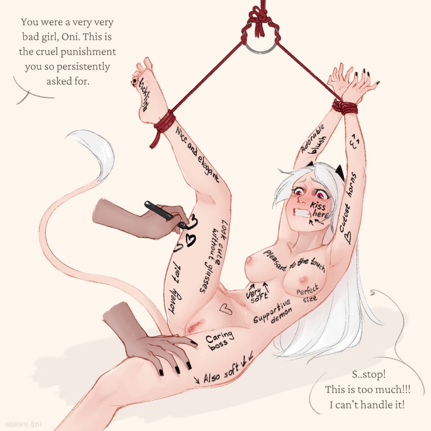 arms_above_head bad_girl blush body_writing bondage bound compliment complimenting_partner disembodied_hands english_text female femsub hairless_pussy horns horny-oni leg_above_head marker naked_female nude_female oni original_character praise praise_kink rope rope_bondage suspension tail text wholesome wholesome_body_writing wrists_bound wrists_tied wrists_together