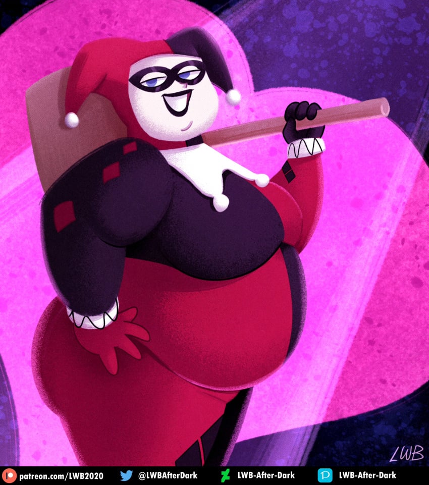 artist_name batman:_the_animated_series batman_(series) bbw blue_eyes clown_girl dc dc_comics hammer harley_quinn harley_quinn_(classic) huge_belly huge_breasts huge_thighs jester lwbafterdark overweight tagme white_skin